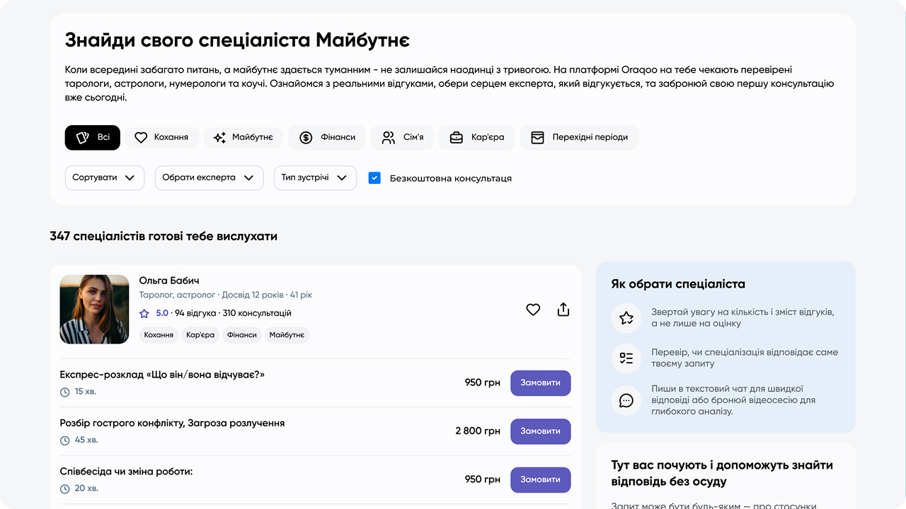 Каталог перевірених експертів Oraqoo з фільтрами та відгуками